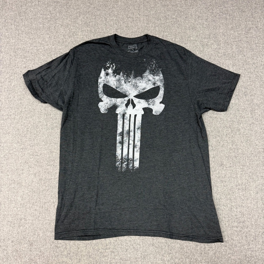 Marvel Punisher Skull Graphic T-Shirt Large Charcoal Gray Distressed Logo Tee